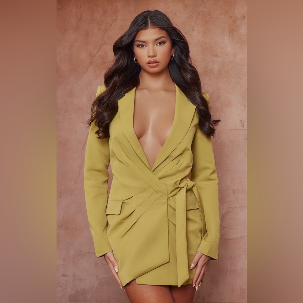 PLT Chartreuse Extreme Plunge Tie Detail Shift Blazer Dress